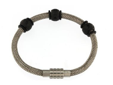 Woven Steel Bracelet w Black Tread Bead